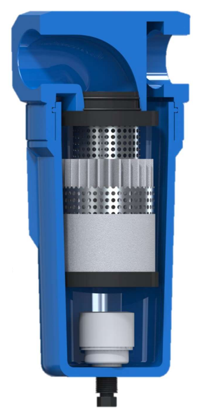 Cutaway diagram of a FILMAX filter housing showing internal element, O-rings, and flow path
