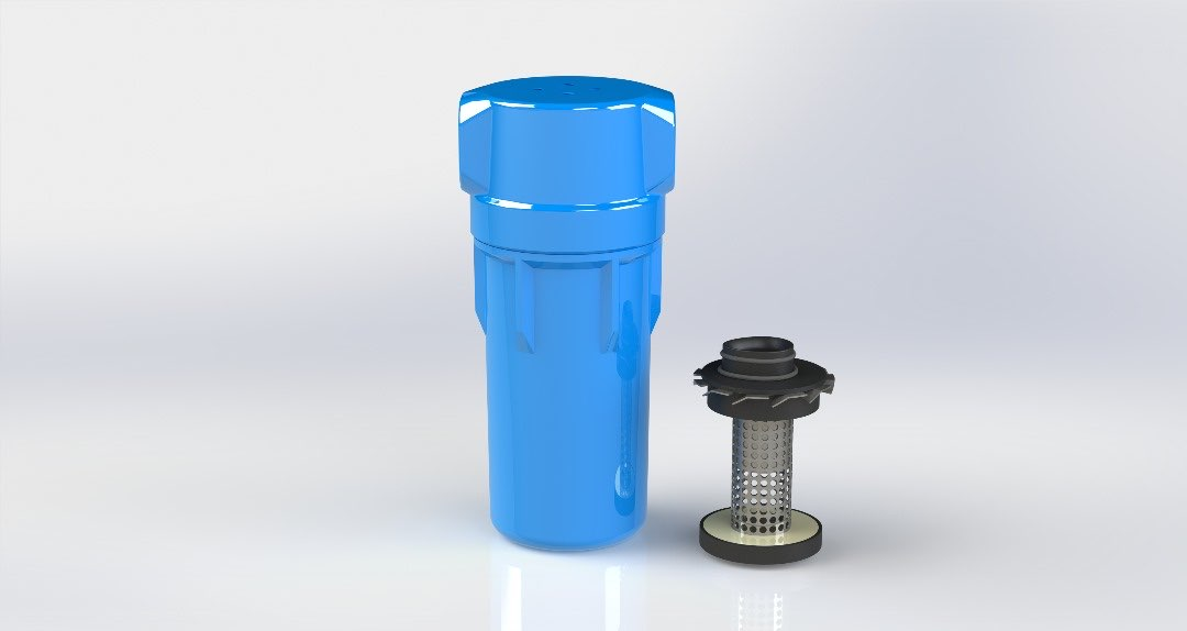 Cutaway diagram of a FILMAX filter housing showing internal element, O-rings, and flow path